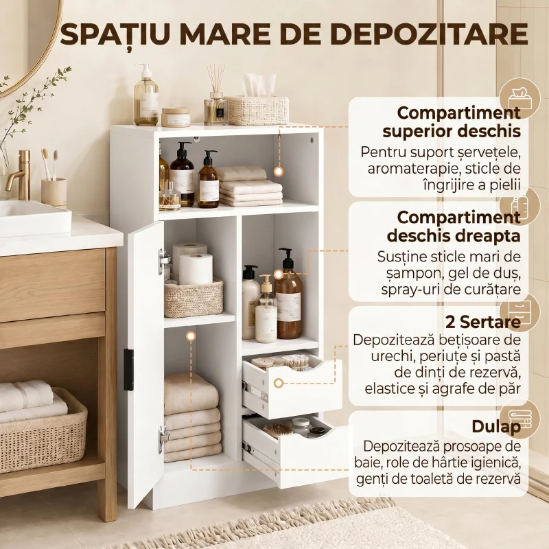 HOMCOM Dulap Baie Îngust cu 2 Sertare și Rafturi Reglabile pentru Bucătărie, Living, Hol, Alb