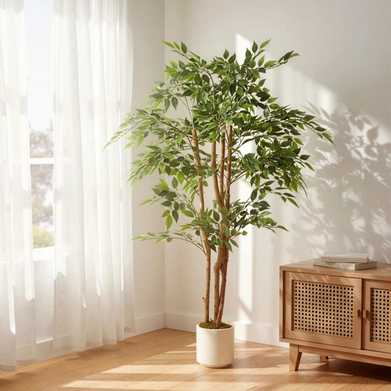 HOMCOM Kunstbanyanboom Kunstplant met Massiefhouten Stam en Pot – voor Woonkamer Slaapkamer Kantoor 65 x 65 x 150 cm Groen