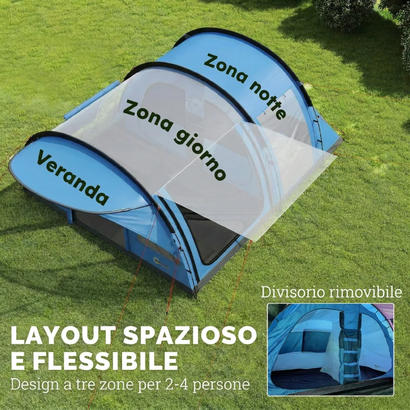 Outsunny Tenda Campeggio a Tunnel per 2-4 Persone Alta 200cm con 2 Stanze, Impermeabile 3000mm per Trekking, Azzurro