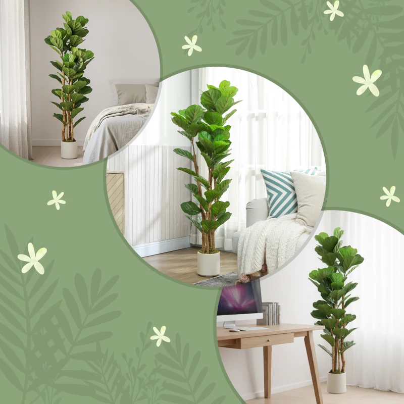 HOMCOM Kunstmatige vioolvijg kunstplant met 71 bladeren, massief houten stam, pot, 50 x 50 x 150 cm, groen