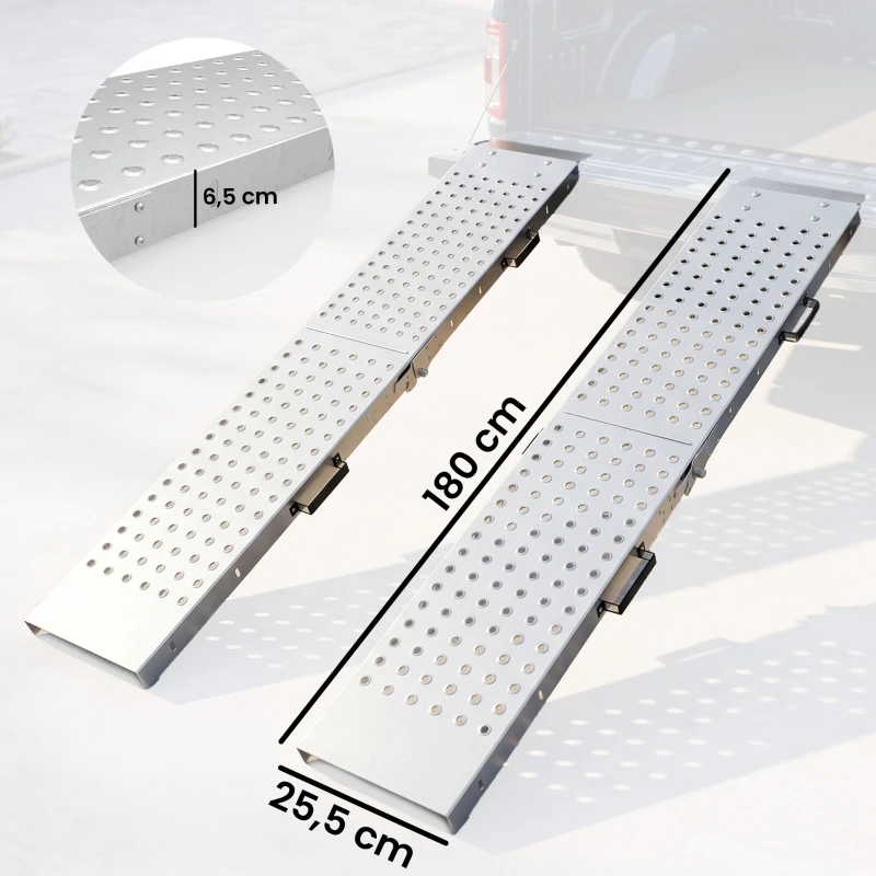 HOMCOM Lot de 2 Rampes de Chargement Pliantes avec Poignées et Surface Antidérapante, Charge Max. 400 kg, 180 x 25,5 cm, Argent