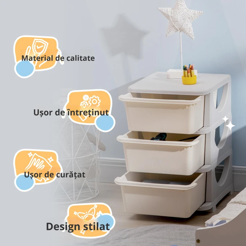 HOMCOM Cutii de depozitare pentru copii, 3 sertare mari, margini rotunjite, plastic, 37x37x56,5 cm, Crem