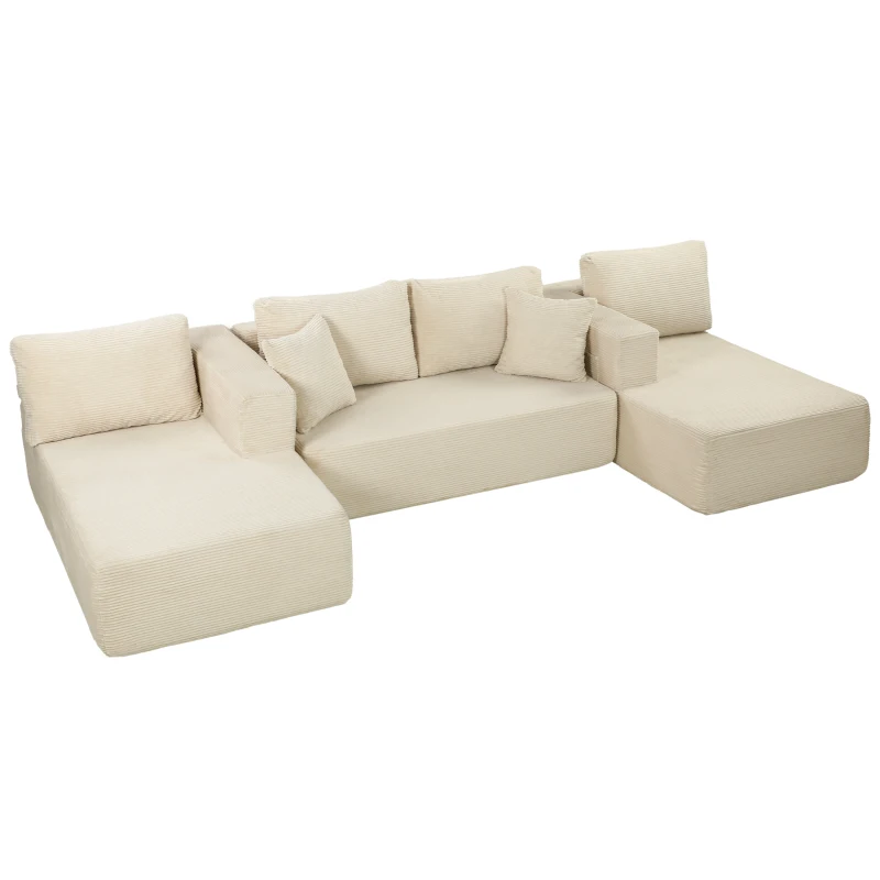 HOMCOM Komprimiertes modulares U‑Sofa 337 cm, 4‑Sitzer Schlafsofa in Cordvelours, breite Sitzfläche, Creme