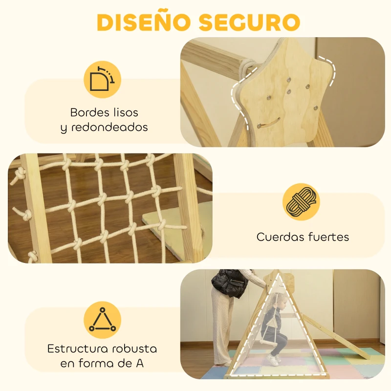 AIYAPLAY Tobogán Infantil 5 en 1 Estructura de Escalada con Tobogán Columpio Aro de Baloncesto Tabla Red de Escalada Natural