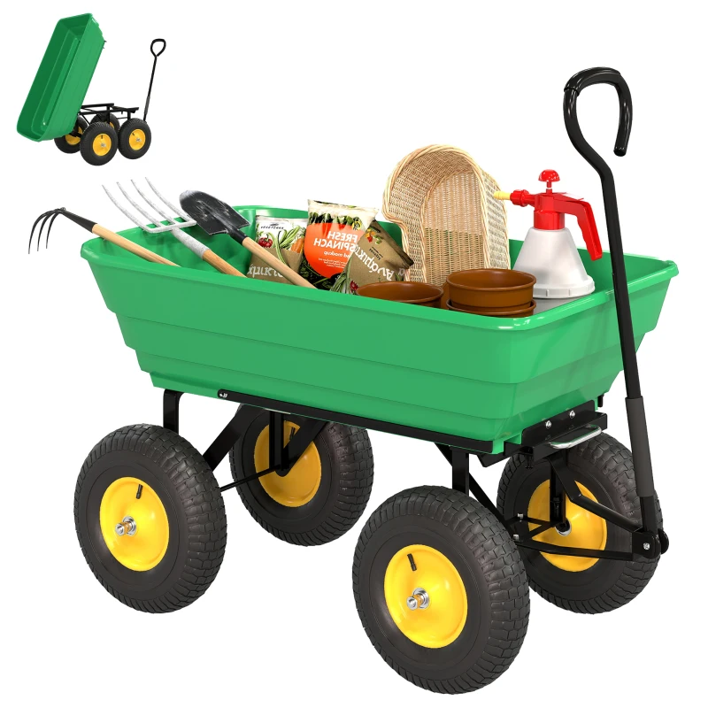 Outsunny Gartenwagen mit Kippfunktion bis 200 kg Handwagen mit 75 Liter Kunststoffwanne Ziehgriff Luftbereifung Dunkelgrün