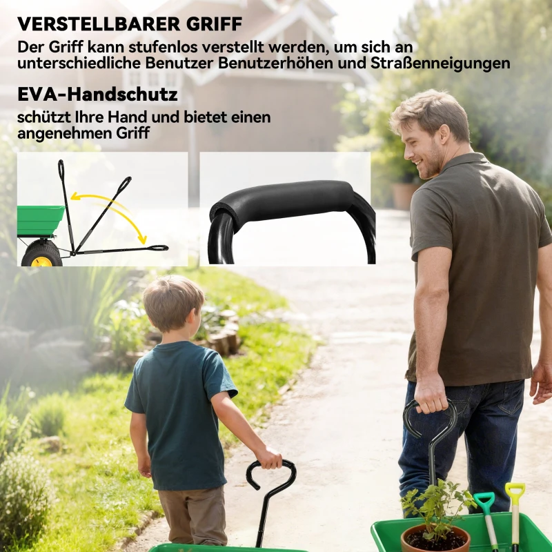 Outsunny Gartenwagen mit Kippfunktion bis 200 kg Handwagen mit 75 Liter Kunststoffwanne Ziehgriff Luftbereifung Dunkelgrün