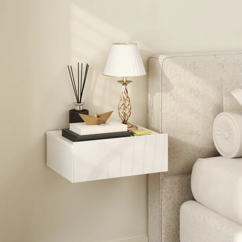 HOMCOM Conjunto de 2 Mesas de Cabeceira com 1 Gaveta Desenho Montado na Parede Estilo Moderno para Dormitório 40x30x15 cm Branco