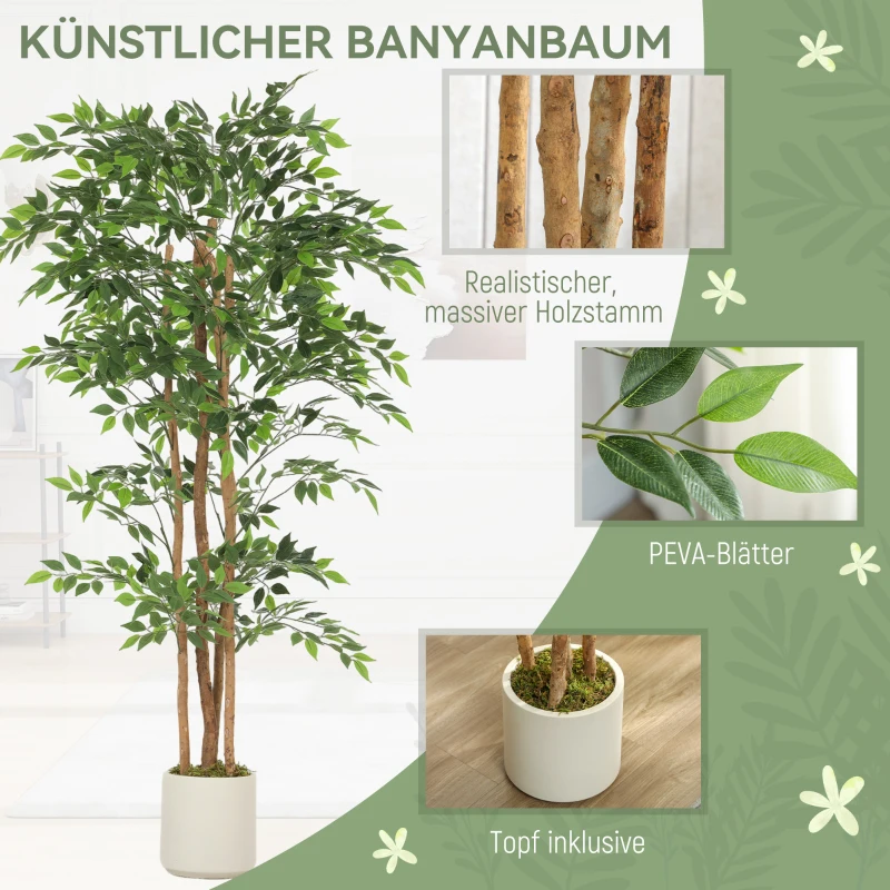 HOMCOM Kunstmatige banyanboom kunstplant met massieve houten stam, pot, voor woonkamer slaapkamer kantoor 75 x 75 x 180 cm groen