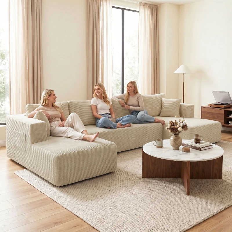 HOMCOM Komprimiertes modulares U‑Sofa 337 cm, 4‑Sitzer Schlafsofa in Cordvelours, breite Sitzfläche, Creme