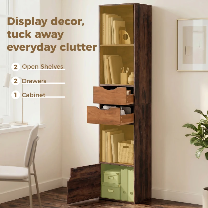 HOMCOM Bookcase with Drawers Adjustable Shelf Bookshelf with 2 Drawers and Cabinet 158 cm Rustic Brown