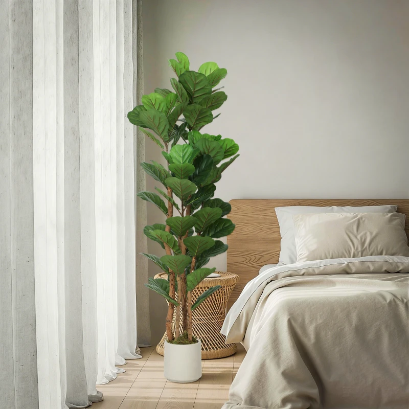 HOMCOM Kunstmatige vioolvijg kunstplant met 71 bladeren, massief houten stam, pot, 50 x 50 x 150 cm, groen