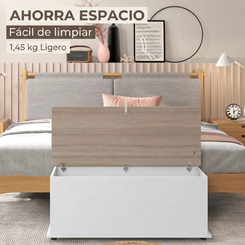 HOMCOM Baú de Armazenamento de Madeira Banco de Armazenamento 100x40x40 cm Branco e Madeira