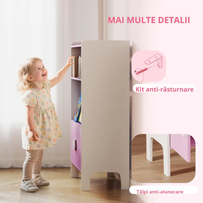 AIYAPLAY Raft de cărți pentru copii, 2 rafturi, 2 dulapuri, independente, design anti-răsturnare, picioare anti-alunecare, MDF, Roz+Alb