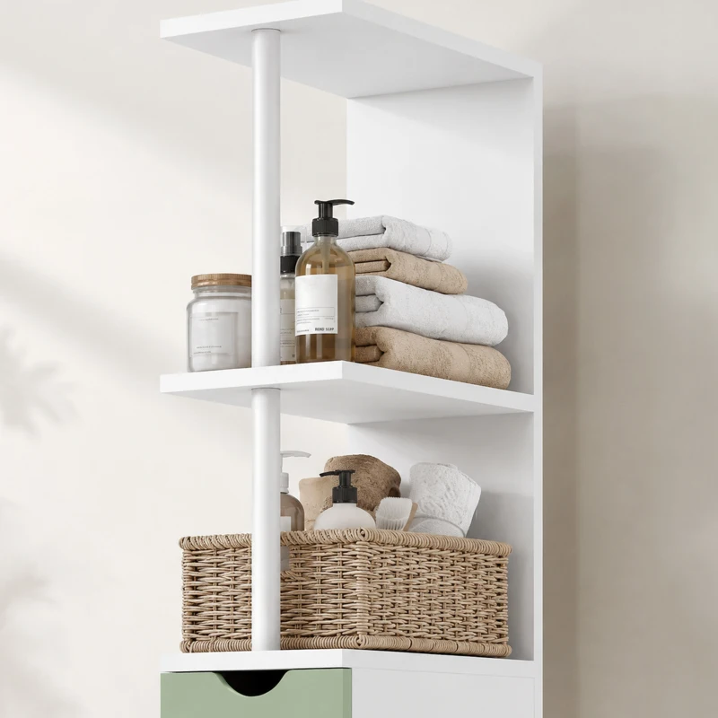 HOMCOM Slim Bathroom Storage Cabinet, Tall Bathroom Floor Cabinet with 2-Tier Shelf and 2 Drawers, White and Light Green