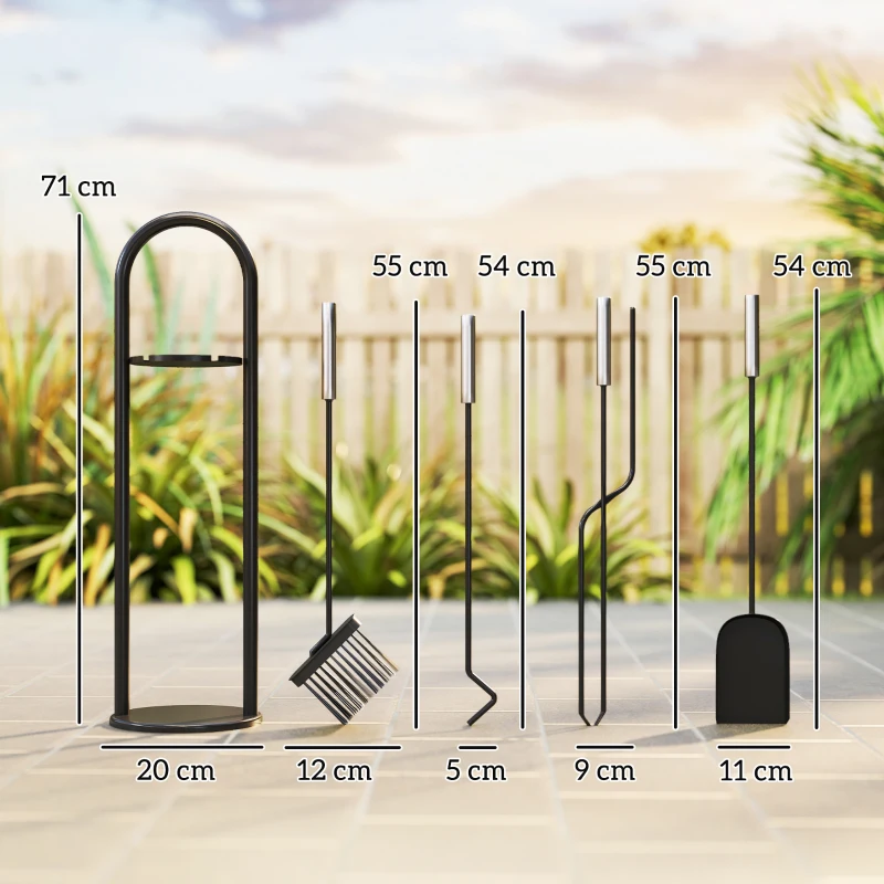 Outsunny Haardgereedschap 5-delig – bezem, schep, haak, tang & standaard, zwart