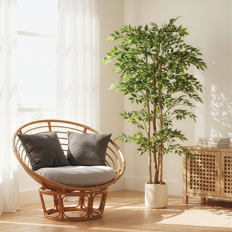 HOMCOM Kunstmatige banyanboom kunstplant met massieve houten stam, pot, voor woonkamer slaapkamer kantoor 75 x 75 x 180 cm groen