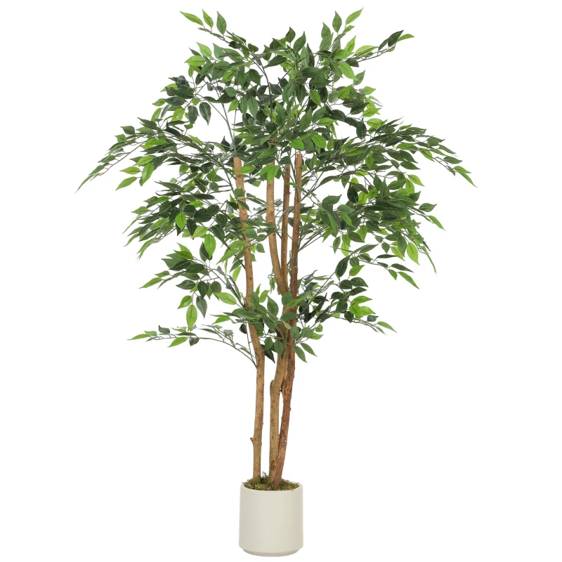 HOMCOM Kunstbanyanboom Kunstplant met Massiefhouten Stam en Pot – voor Woonkamer Slaapkamer Kantoor 65 x 65 x 150 cm Groen