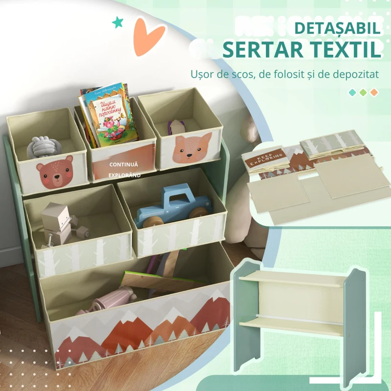 ZONEKIZ Dulap pentru copii cu 6 ladite din material textil, design dragut, 63x30x66 cm, Verde