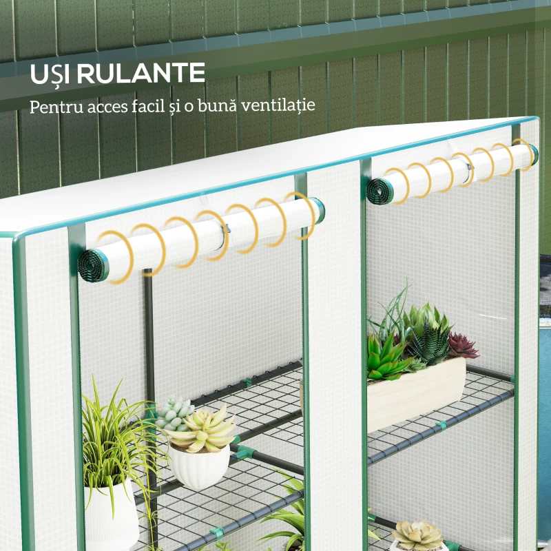 Outsunny Seră Aplicată cu 3 rafturi cu Acoperire din PE Consolidată, Alb