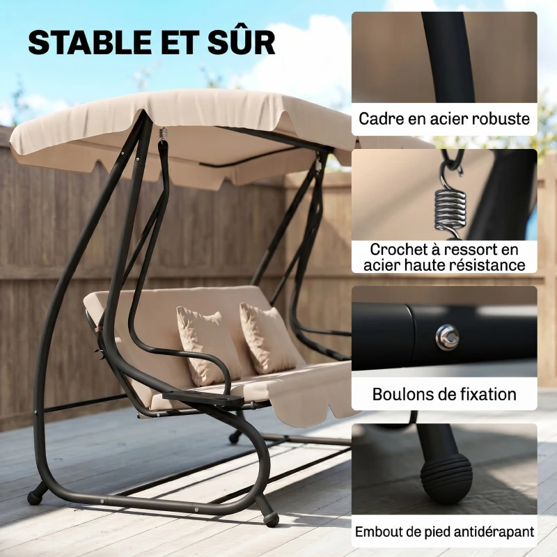 Outsunny Dondolo Letto da Giardino 3 Posti con Tetto Regolabile e Vassoio, 200x120x164 cm, Marrone Chiaro