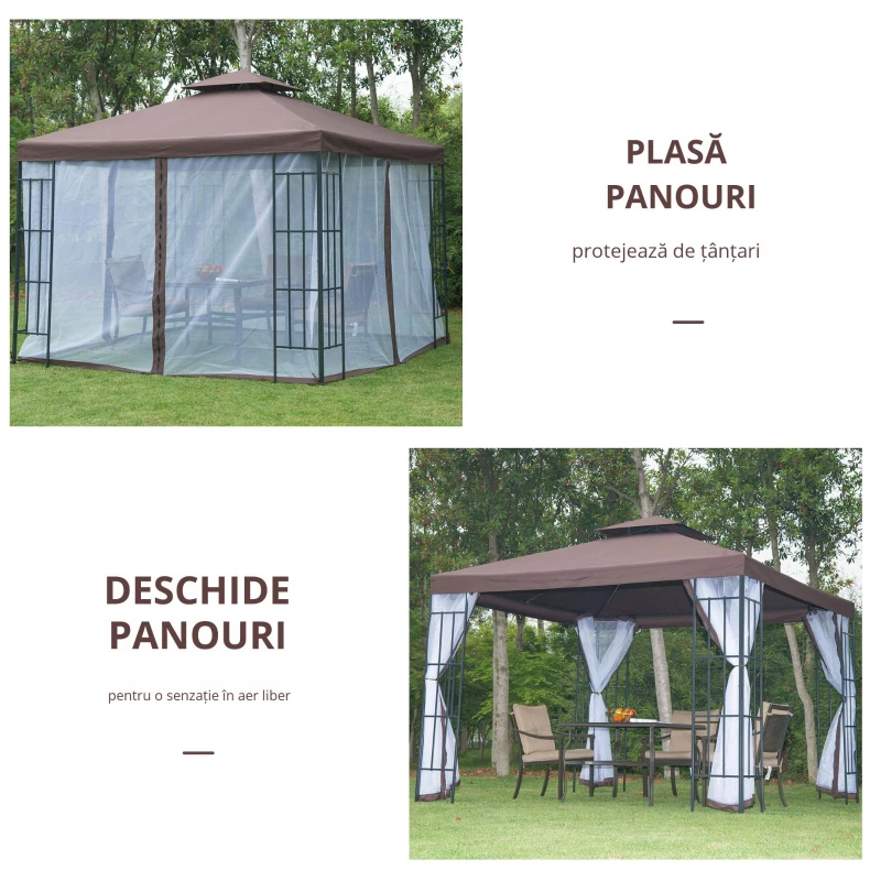 Outsunny Pavilion de grădină cu plasă antimuște și pereți laterali, cort pentru petreceri cu acoperiș dublu, cort de grădină 2,97x2,97m