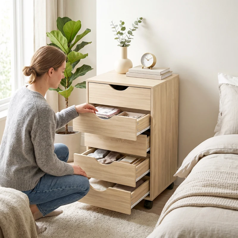 HOMCOM Cassettiera da ufficio su ruote con 5 cassetti, 40x40x67 cm, rovere