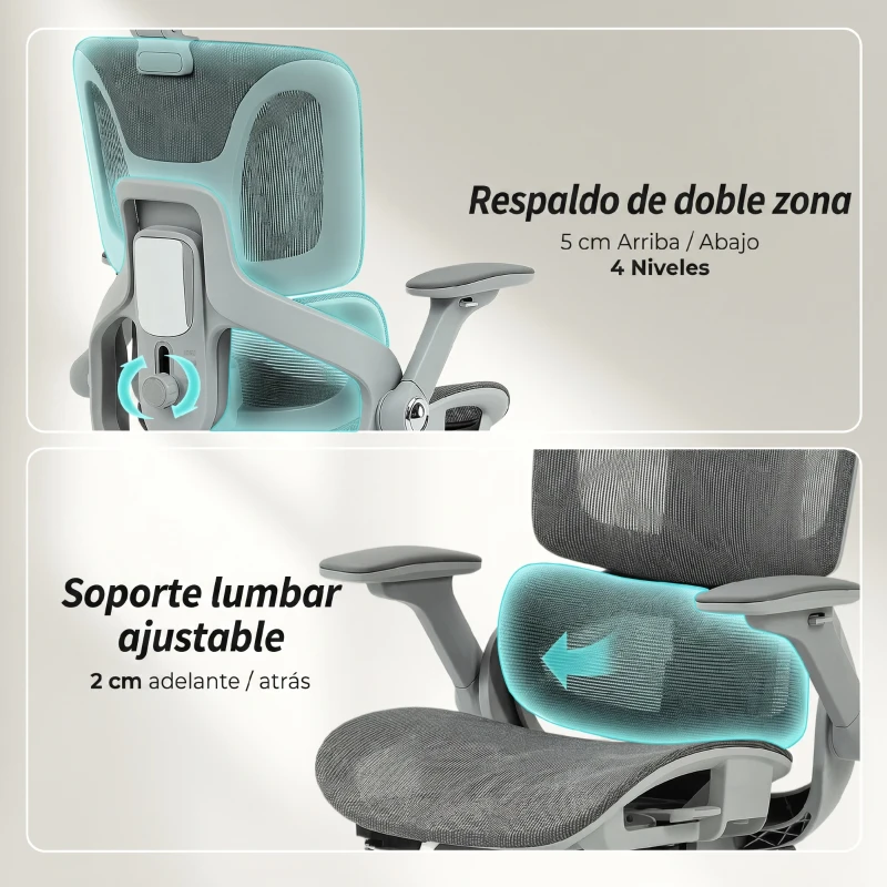 HOMCOM Silla de Oficina Ergonómica con Reposabrazos 4D Reposacabezas y Profundidad de Asiento Ajustables Malla Gris