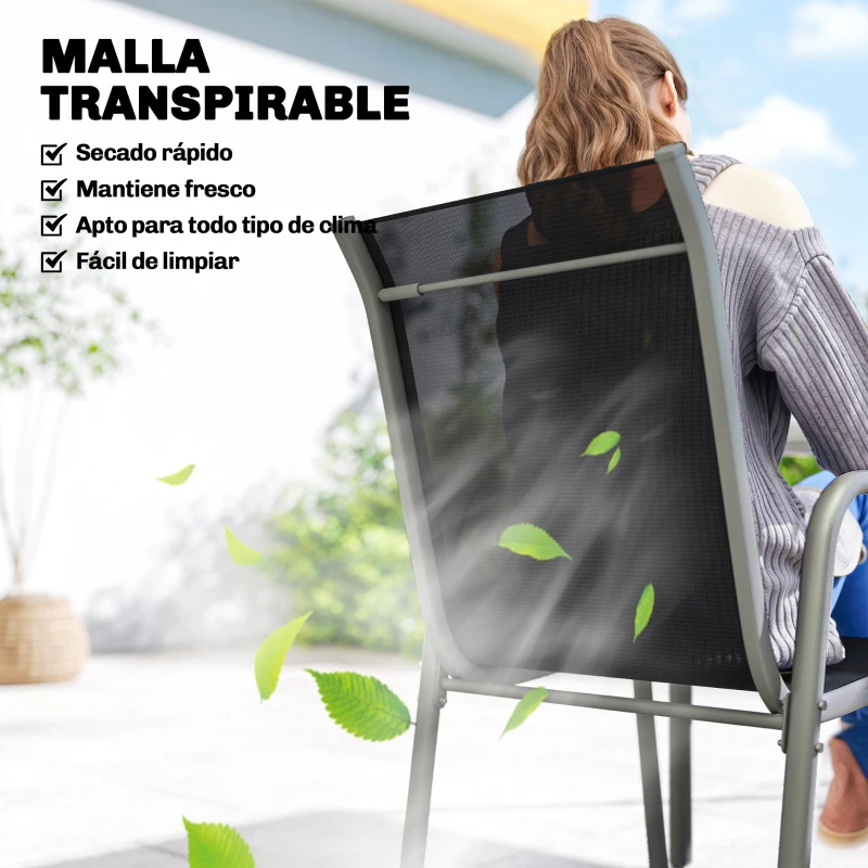 Outsunny Conjunto de Mesa y Sillas Jardín con Mesa de Vidrio Templado y 6 Sillas Apilables Transpirables para Terraza Negro