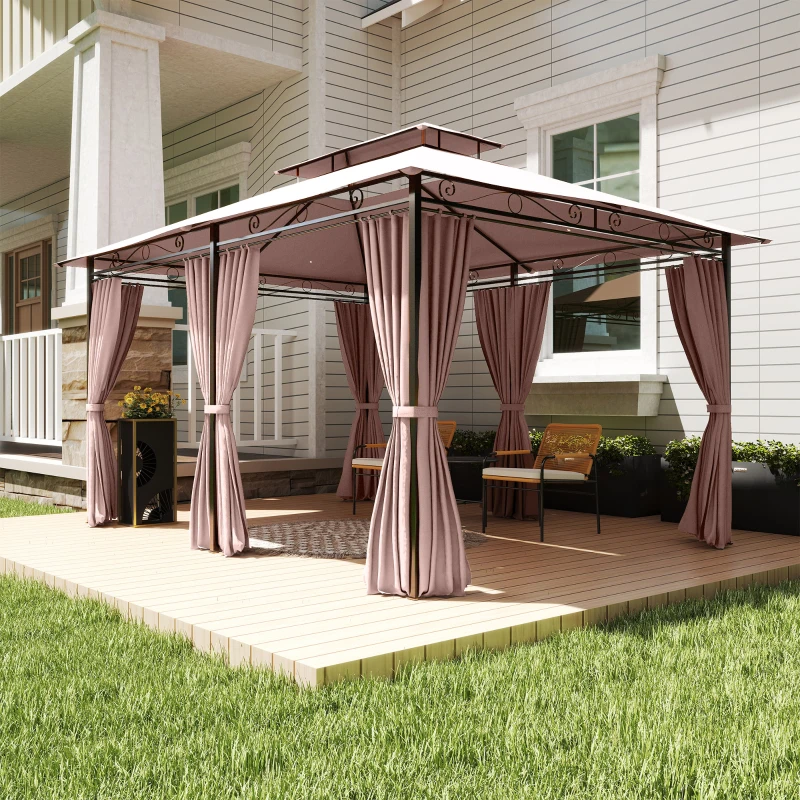 Outsunny Gazebo da Giardino 4x3m con Doppio Tetto e Tende Laterali in Acciaio e Poliestere, Color Cachi