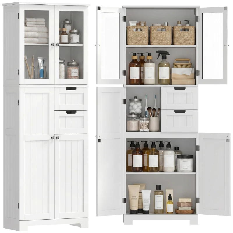 HOMCOM Meuble haut de rangement, armoire avec portes vitrées et étagères réglables pour salle de bain, cuisine, salon, blanc