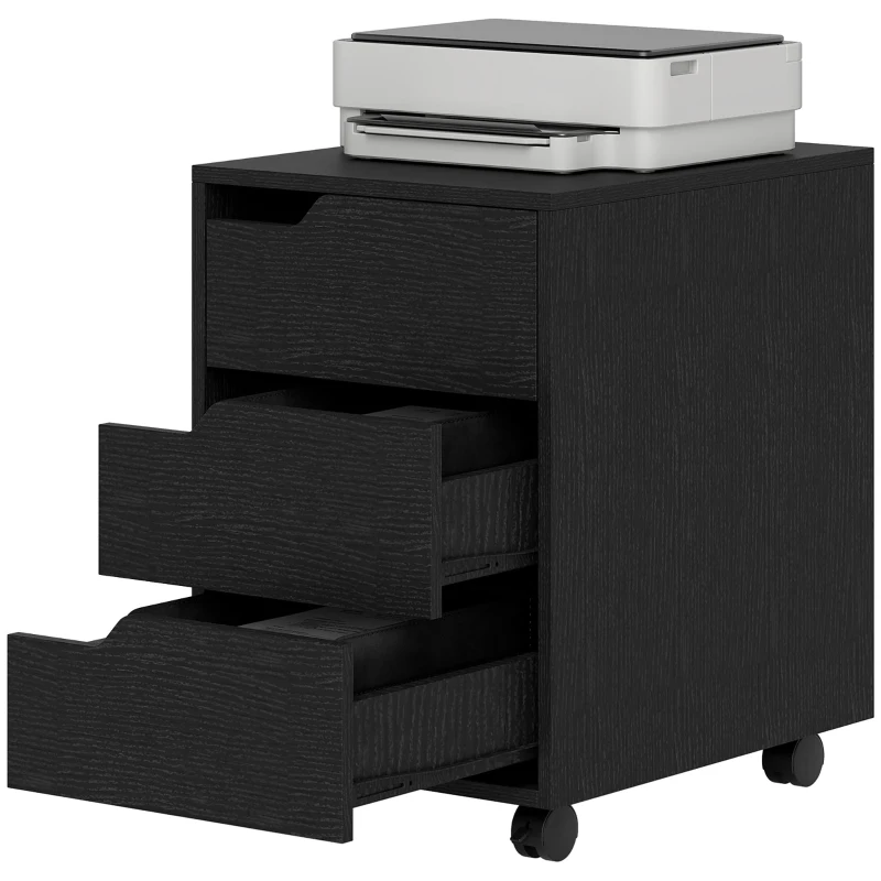 HOMCOM Bloco de Gavetas para Escritório Móvel de Escritório Bloco de Gavetas com 3 Gavetas e 4 Rodas 40x50x57,5 cm Preto