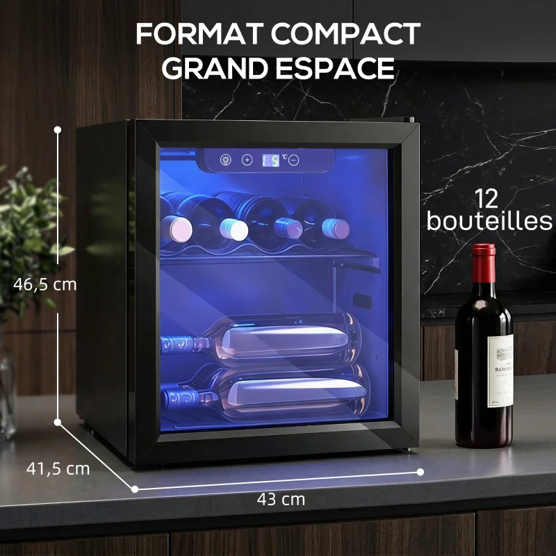 HOMCOM Cave à vin 12 bouteilles 36L, réfrigérateur à vin et boissons avec température réglable 4-16 °C, porte réversible, noir