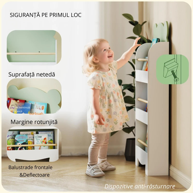 AIYAPLAY Raft pentru cărți copii, raft pentru copii cu 3 niveluri cu temă urs pentru cărți și jucării, 55 x 15 x 110 cm, Verde
