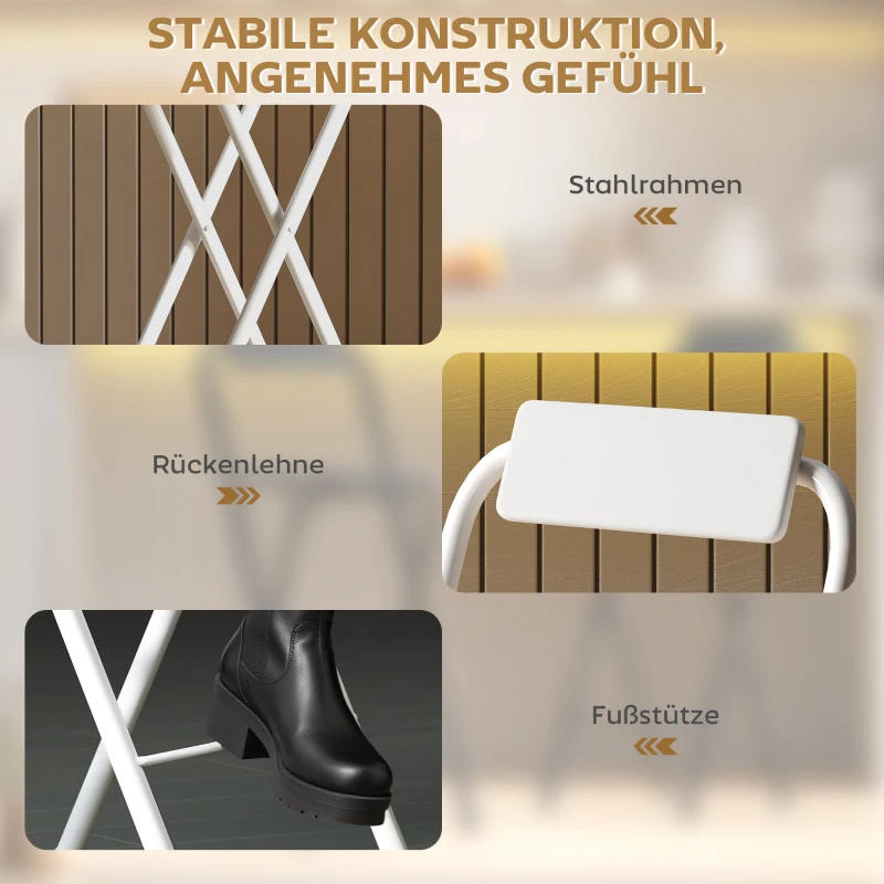 HOMCOM Barhocker 2er Set, Klappbar Barstuhl mit Stahlgestell, Lehne, Fußstütze Tresenhocker für Küche 37 x 45 x 87 cm Weiß