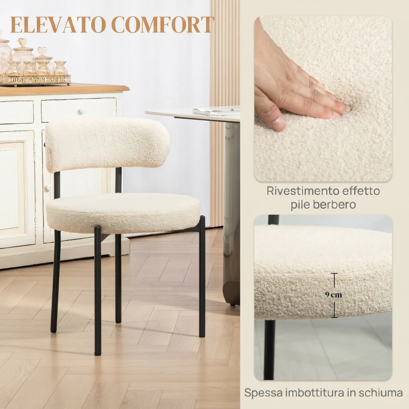 HOMCOM Set di 2 Sedie Sala da Pranzo in Tessuto Sherpa, Sedie da Cucina con Gambe in Acciaio, Sedia Imbottita per Cucina