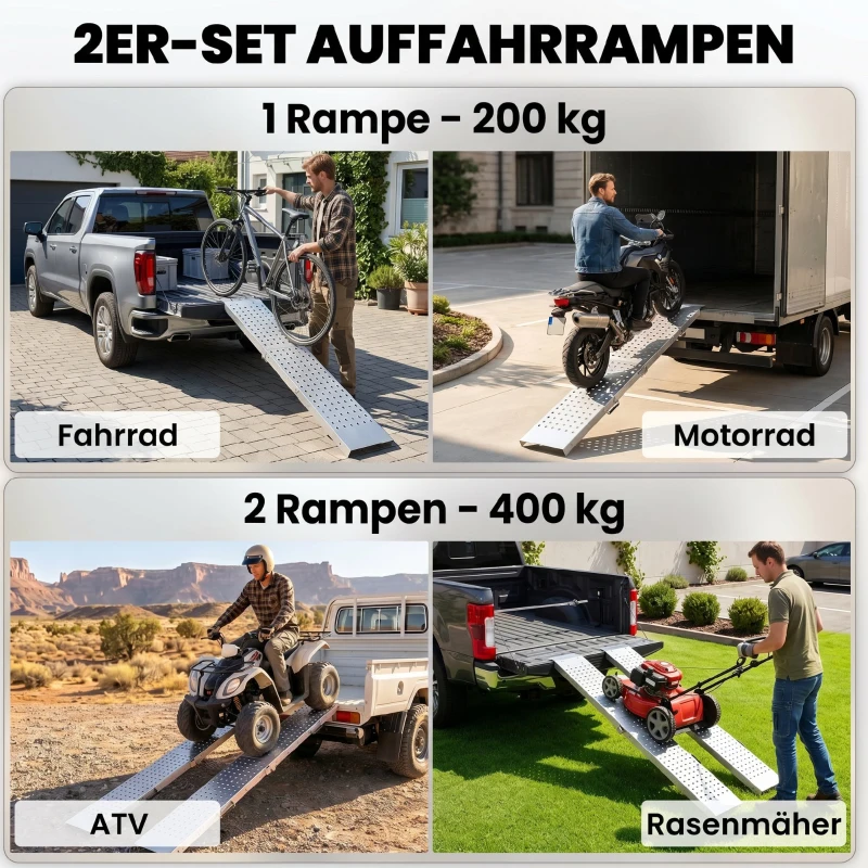 HOMCOM Set van 2 Opvouwbare Oprijplank Metaal Drempelramp met Handgrepen tot 400 kg, voor banden tot 22,5 cm