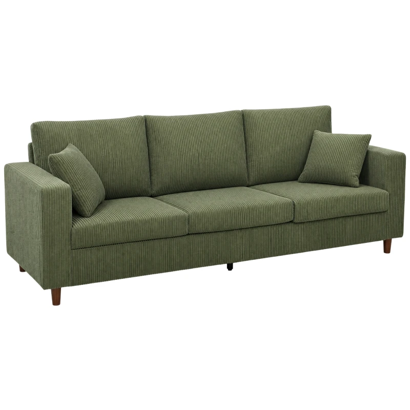 HOMCOM 3 Seater Sofa with Wide Seat, Corduroy Fabric Couch with Deep Seat, Spring Cushion, Green