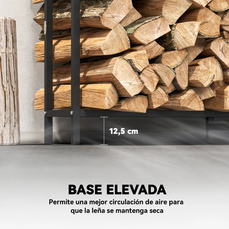 Outsunny Leñero Exterior Metálico de Chimenea Carga 300 kg con Patas Extra Reforzadas y Diseño Recortado de Fogata Negro