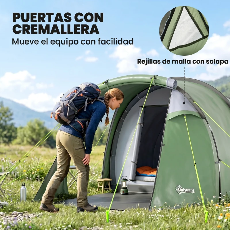 Outsunny Tienda de Campaña Familiar 2 Personas Plegable Impermeable a Prueba de UV 20+ con Vestíbulo 426x206x154 cm Verde