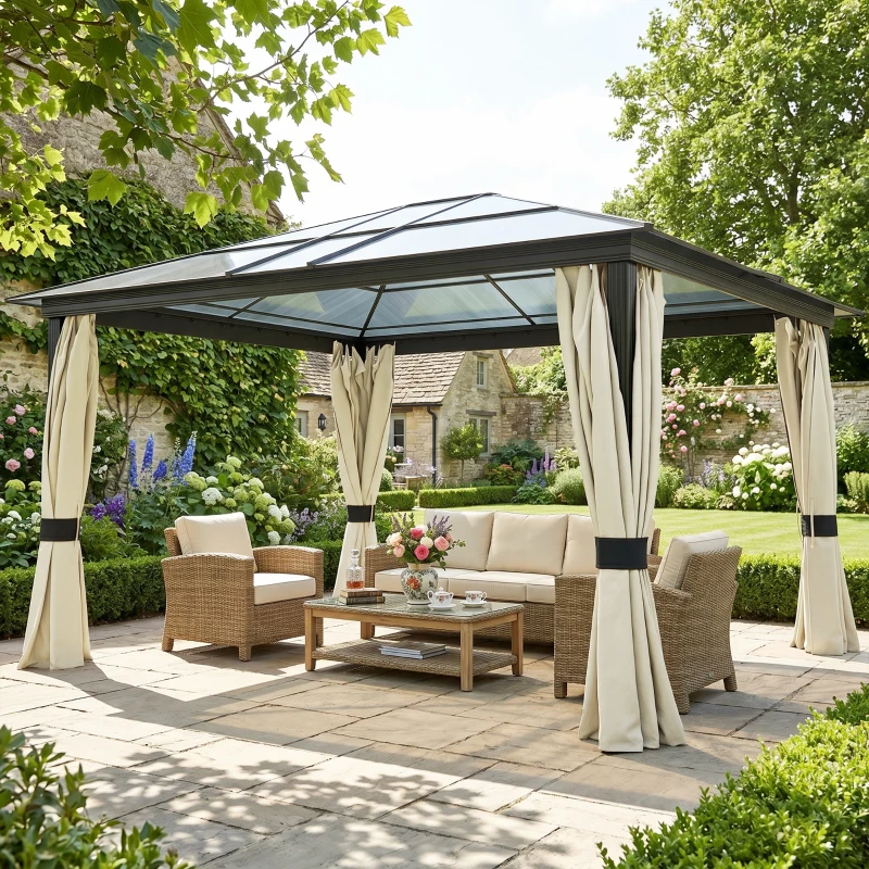 Outsunny Hardtop-Gartenpavillon 4,2 x 3,6 m, Vorhänge mit Fliegennetz, Alugestell, Braun+Creme