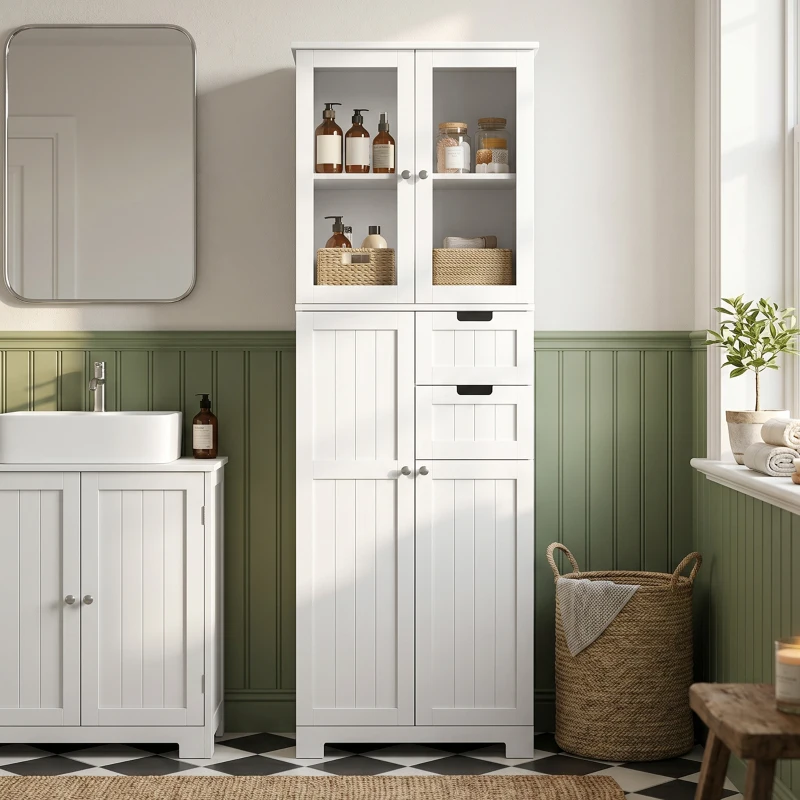 HOMCOM Meuble haut de rangement, armoire avec portes vitrées et étagères réglables pour salle de bain, cuisine, salon, blanc