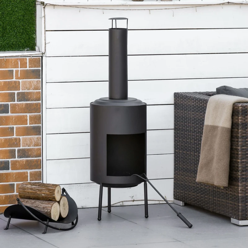 Outsunny Chimenea de Exterior de Metal Brasero con Atizador y Chimenea para Jardín Patio Terraza 30x30x105 cm Negro