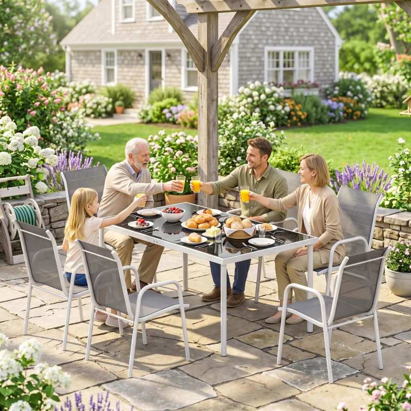 Outsunny Set da Giardino 7 Pezzi: Tavolo Rettangolare e 6 Sedie Impilabili