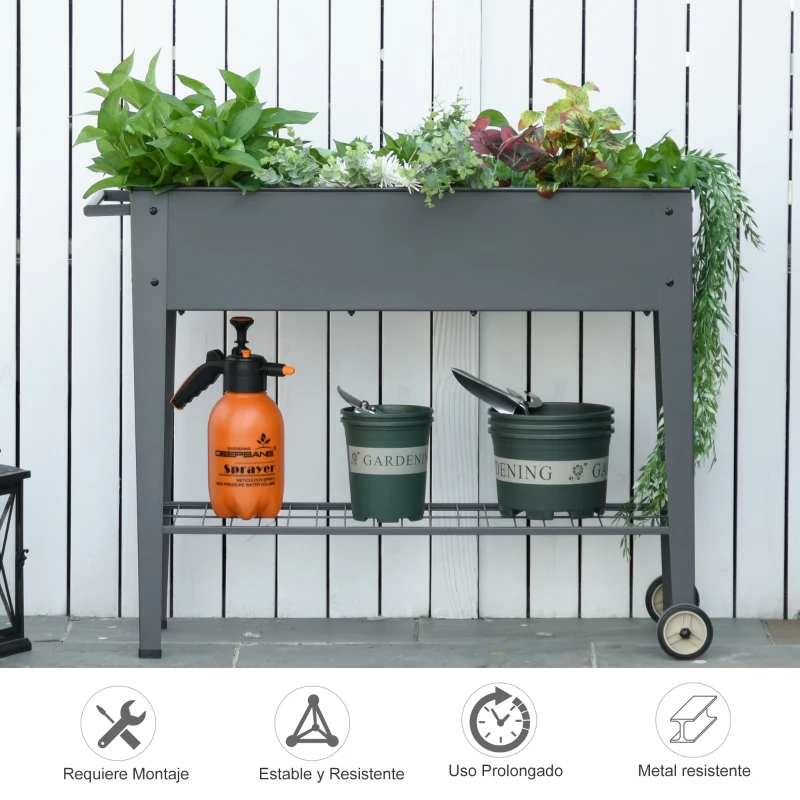 Outsunny Huerto Urbano Jardinera Elevada de Metal Cama de Jardín con Ruedas Asa Lateral y Estante Inferior para Cultivo Plantas Hortalizas Flores 104x39x80 cm Gris