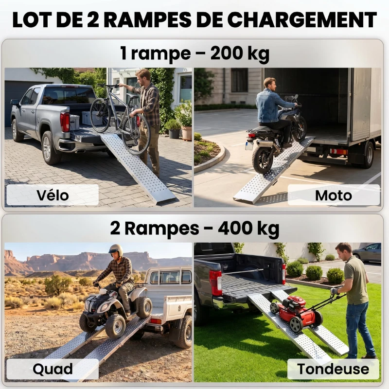HOMCOM Lot de 2 Rampes de Chargement Pliantes avec Poignées et Surface Antidérapante, Charge Max. 400 kg, 180 x 25,5 cm, Argent