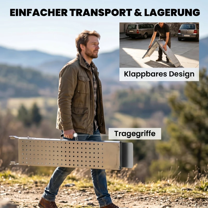 HOMCOM Set van 2 Opvouwbare Oprijplank Metaal Drempelramp met Handgrepen tot 400 kg, voor banden tot 22,5 cm
