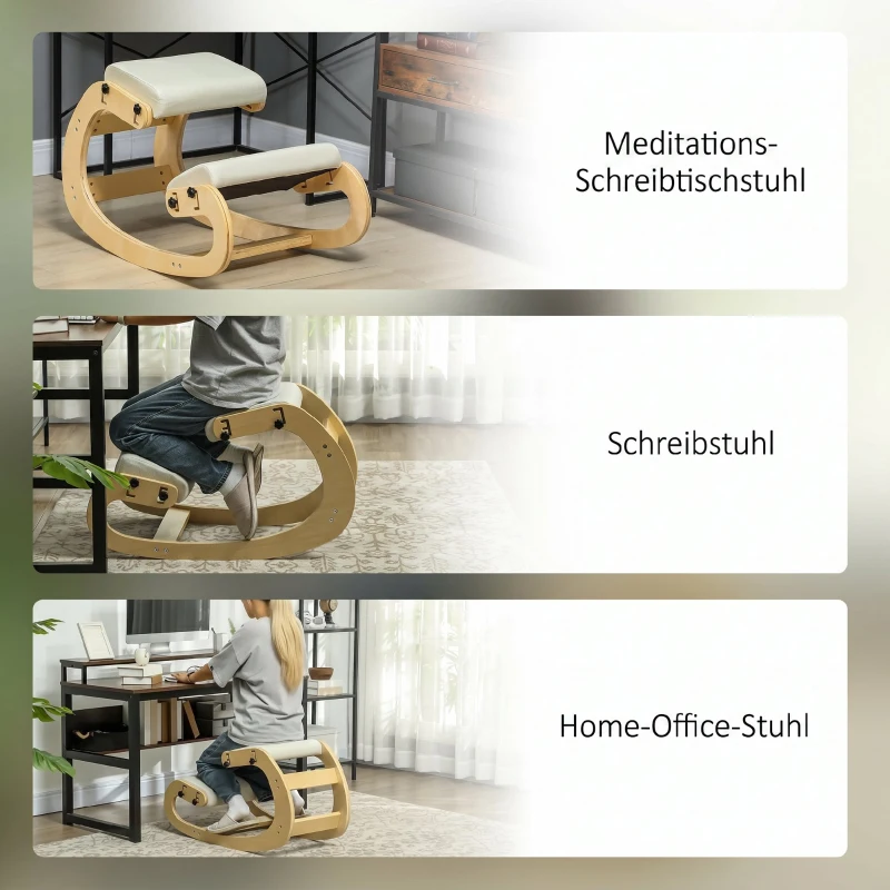 HOMCOM Ergonomische kniehocker met 6 verstelbare posities, houten basis, creme