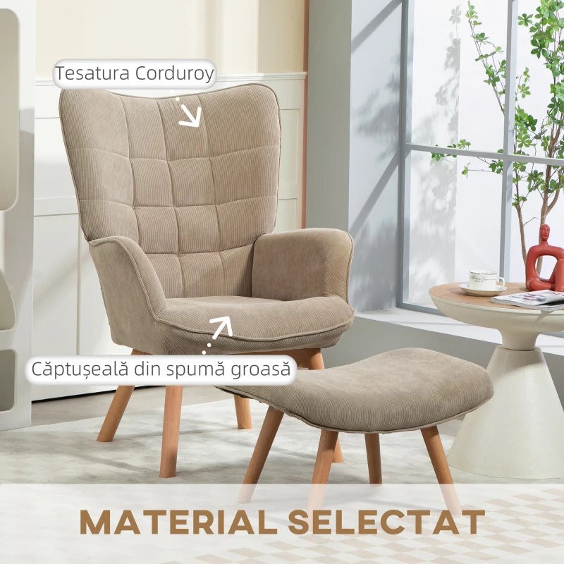HOMCOM Fotoliu cu Suport pentru Picioare în Stil Contemporan, din Material Textil cu Efect de Catifea, 72x80x101 cm, Maro Deschis