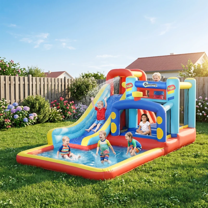 Outsunny Castillo Inflable de 3-8 Años con Soplador Tobogán Trampolín Piscina Bolsa de Transporte 435x245x200 cm Multicolor