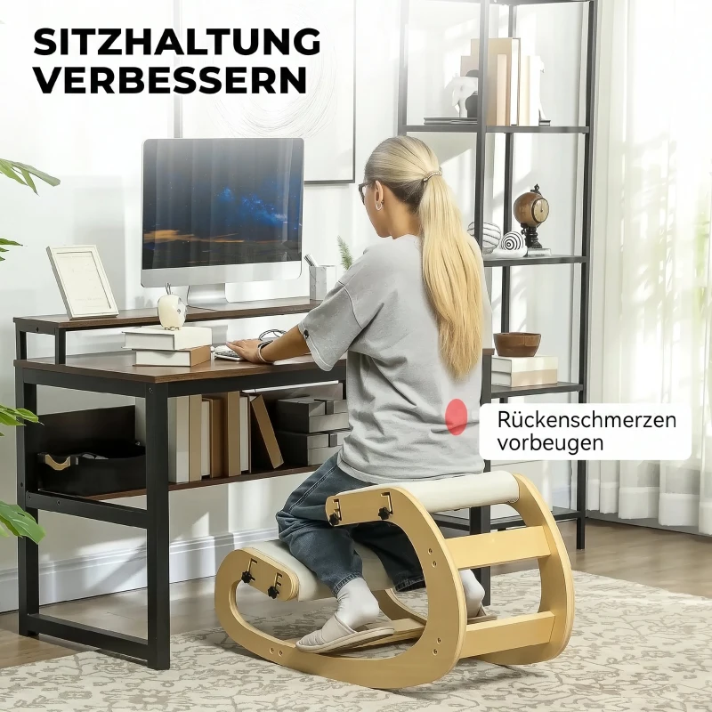 HOMCOM Ergonomische kniehocker met 6 verstelbare posities, houten basis, creme